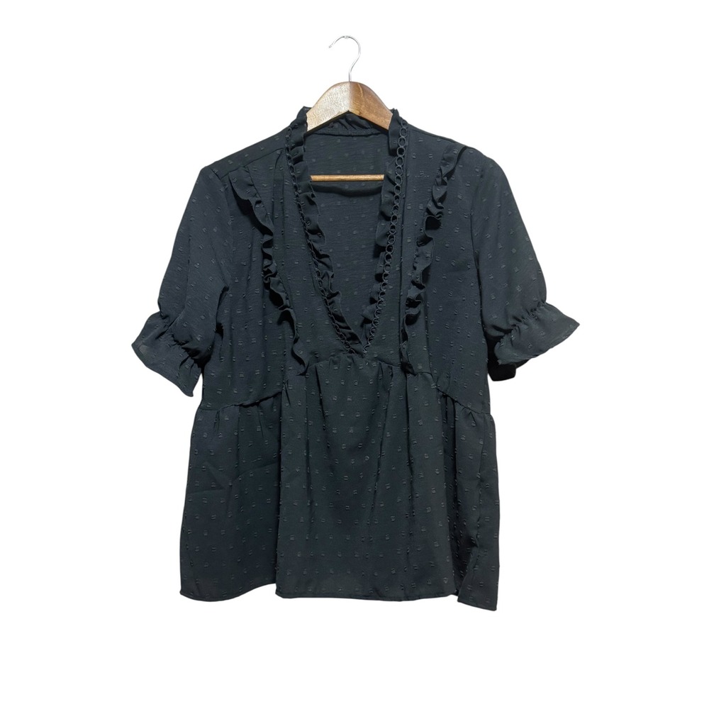 Shein Peplum Blouse Womens Large Black Excellent Ruffle Swiss Dot V-Neck
